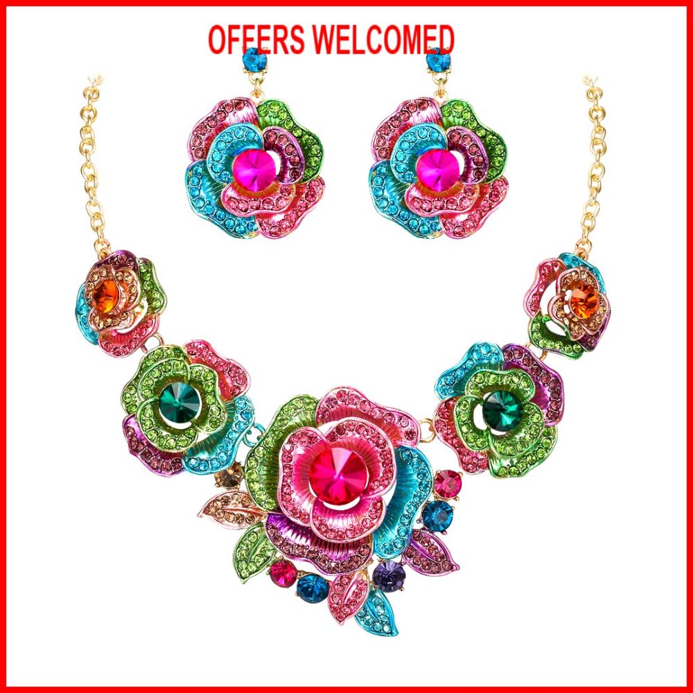 Crystal Layer Flower Cluster Statement Necklace D… - image 1